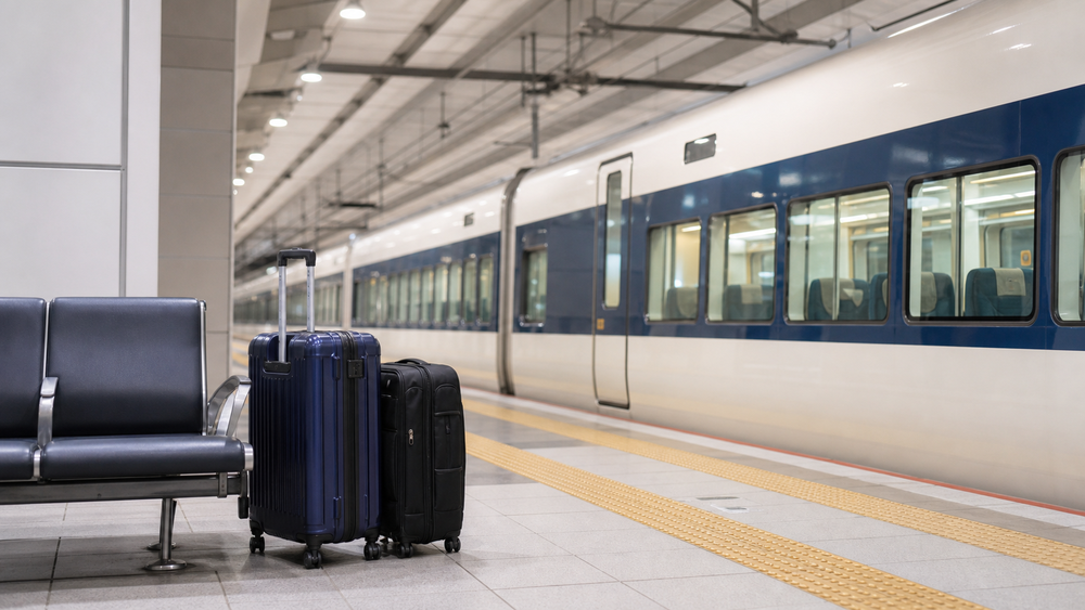Suitcases waiting beside a Japanese airport train platform
