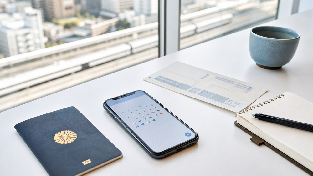 Passport, phone calendar, and travel documents on a table before a Japan trip