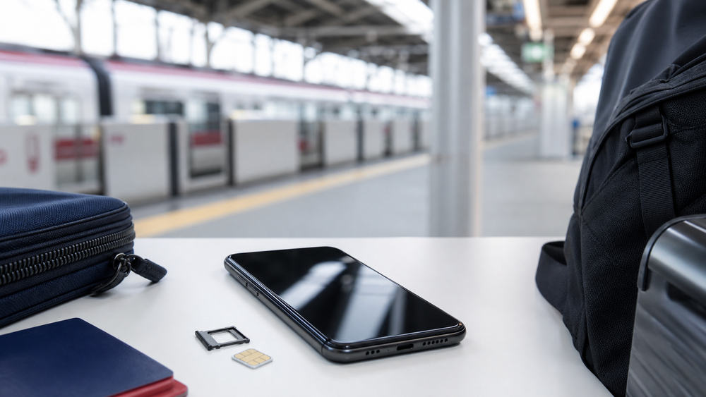 A phone and SIM card on a station table with a Japanese train in the background