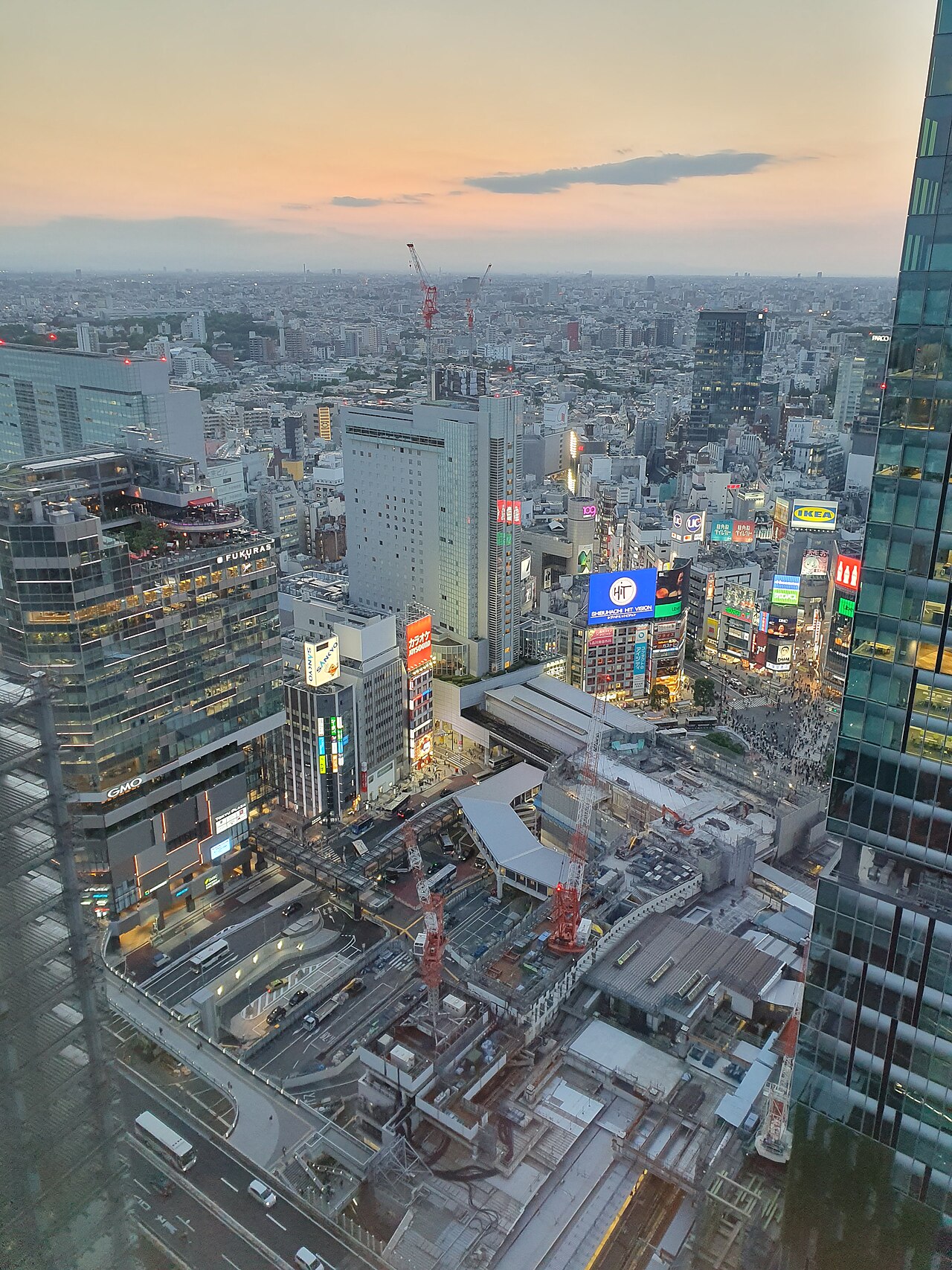 Shibuya cityscape and Shibuya Crossing viewed from above