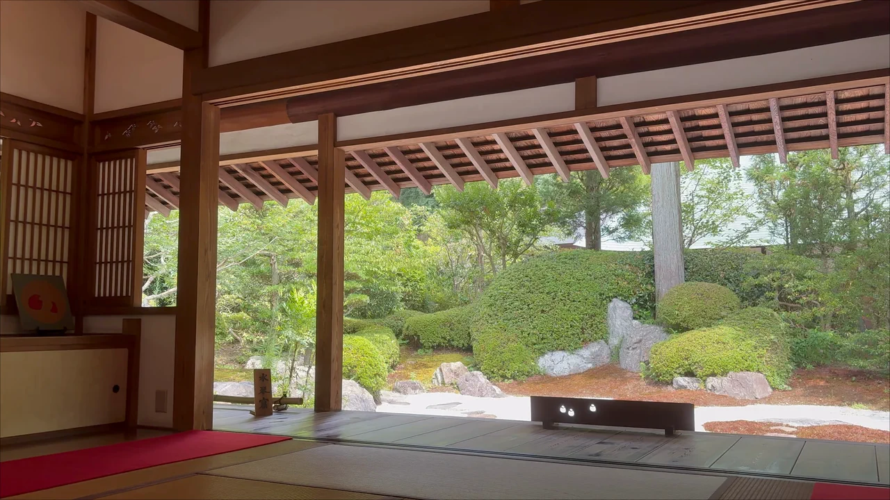 The white gravel and garden stones of the dry landscape garden viewed from Kisen-an at Jomyoji