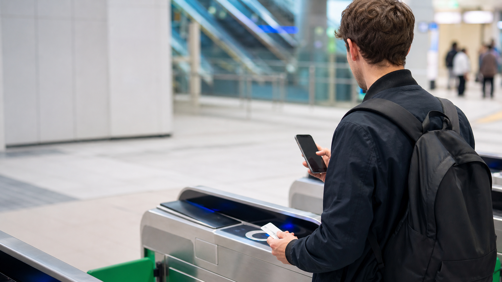 A traveler using an unbranded transit card and smartphone at a Japanese station gate